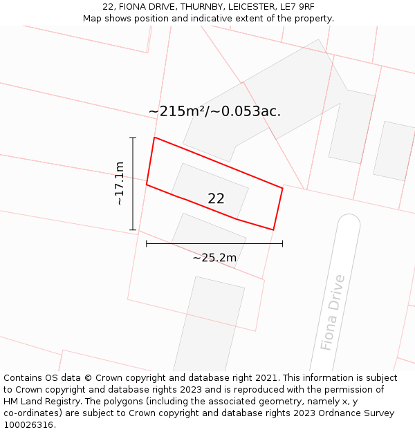 22, FIONA DRIVE, THURNBY, LEICESTER, LE7 9RF: Plot and title map