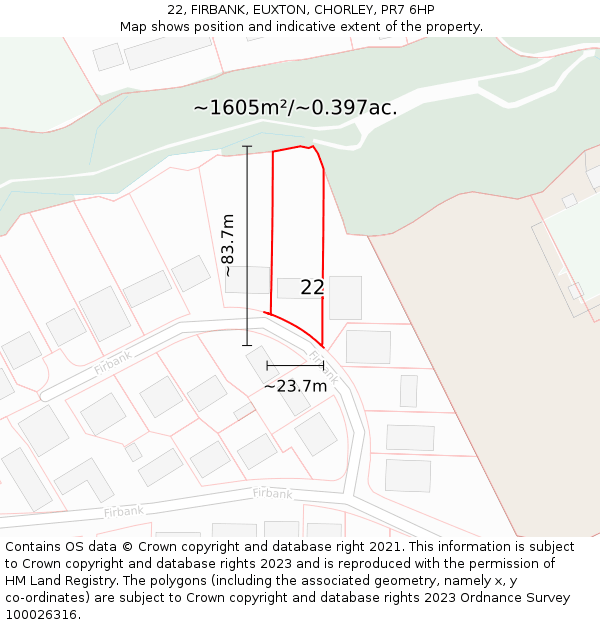 22, FIRBANK, EUXTON, CHORLEY, PR7 6HP: Plot and title map