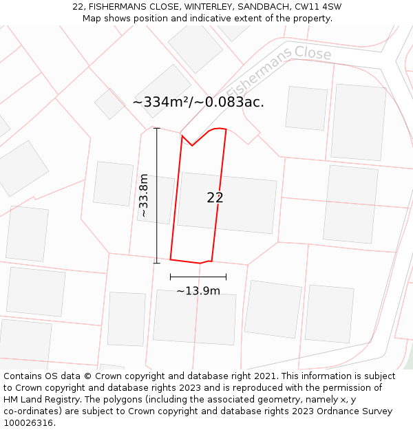 22, FISHERMANS CLOSE, WINTERLEY, SANDBACH, CW11 4SW: Plot and title map