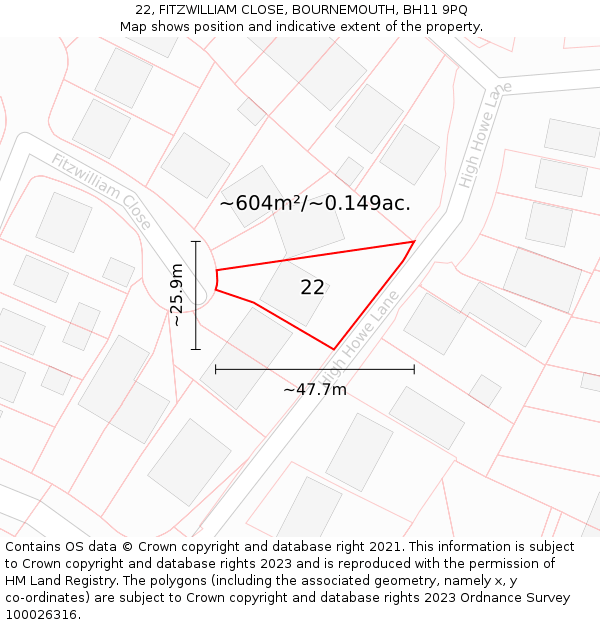 22, FITZWILLIAM CLOSE, BOURNEMOUTH, BH11 9PQ: Plot and title map