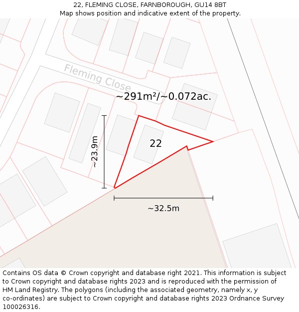 22, FLEMING CLOSE, FARNBOROUGH, GU14 8BT: Plot and title map