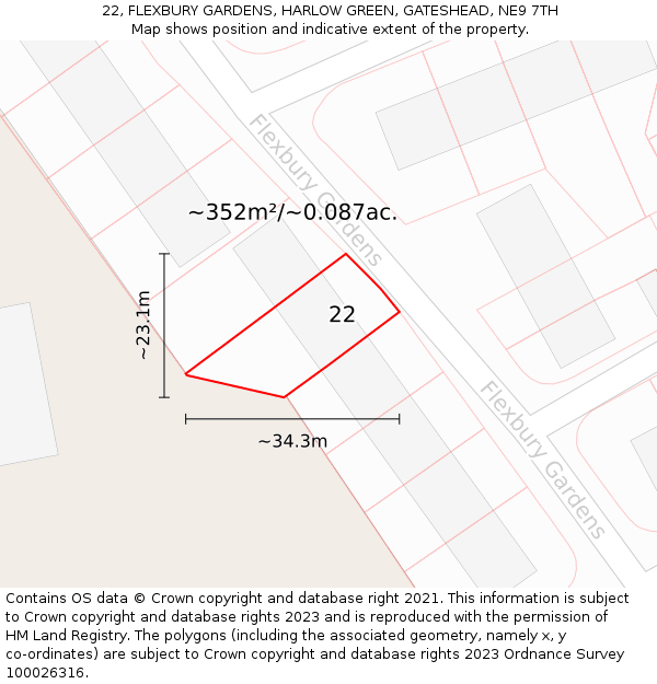 22, FLEXBURY GARDENS, HARLOW GREEN, GATESHEAD, NE9 7TH: Plot and title map