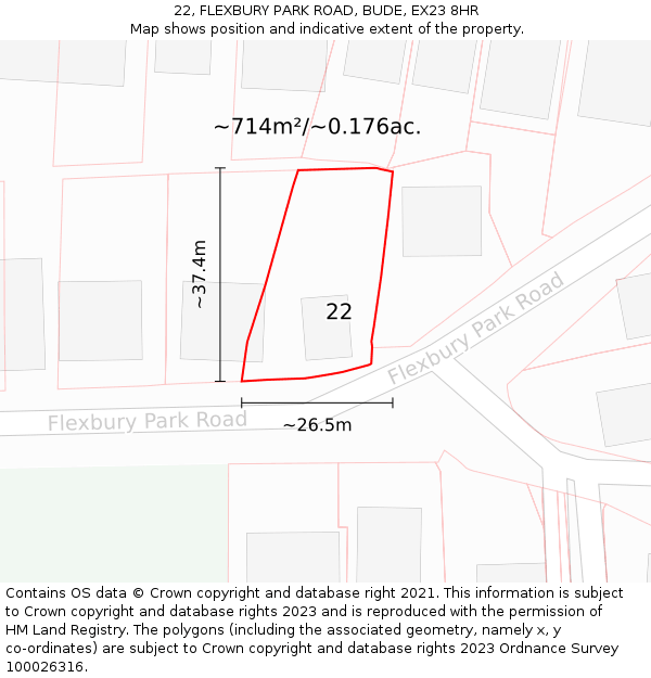 22, FLEXBURY PARK ROAD, BUDE, EX23 8HR: Plot and title map