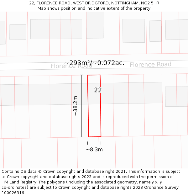 22, FLORENCE ROAD, WEST BRIDGFORD, NOTTINGHAM, NG2 5HR: Plot and title map