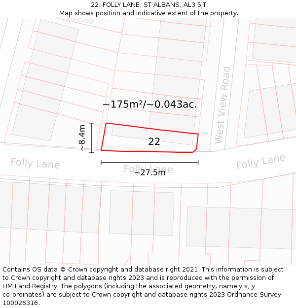 22, FOLLY LANE, ST ALBANS, AL3 5JT: Plot and title map