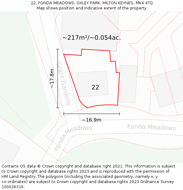 22, FONDA MEADOWS, OXLEY PARK, MILTON KEYNES, MK4 4TQ: Plot and title map