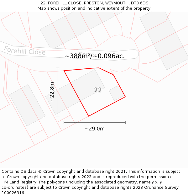 22, FOREHILL CLOSE, PRESTON, WEYMOUTH, DT3 6DS: Plot and title map