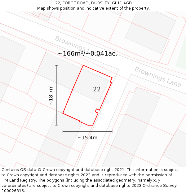 22, FORGE ROAD, DURSLEY, GL11 4GB: Plot and title map