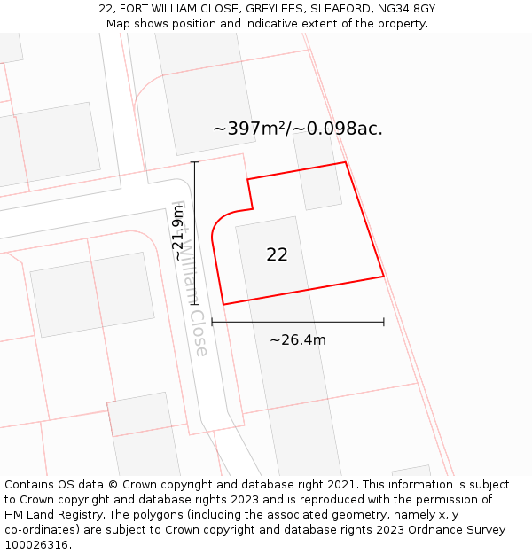 22, FORT WILLIAM CLOSE, GREYLEES, SLEAFORD, NG34 8GY: Plot and title map