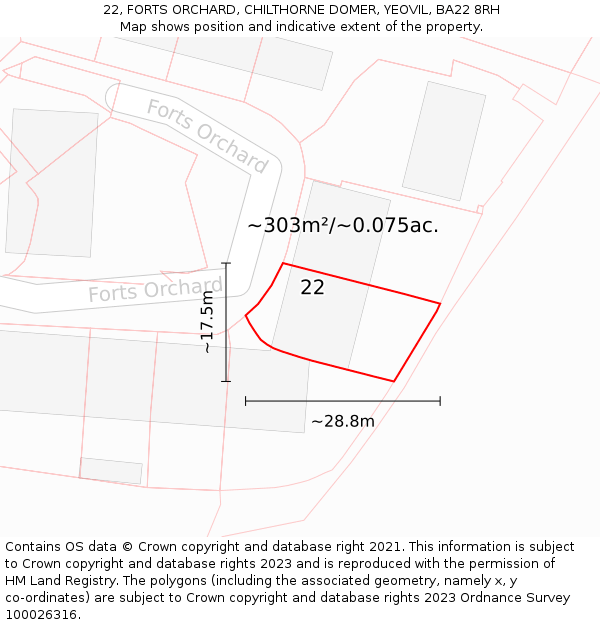 22, FORTS ORCHARD, CHILTHORNE DOMER, YEOVIL, BA22 8RH: Plot and title map