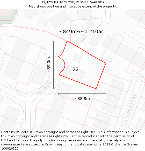 22, FOX BANK CLOSE, WIDNES, WA8 9DP: Plot and title map