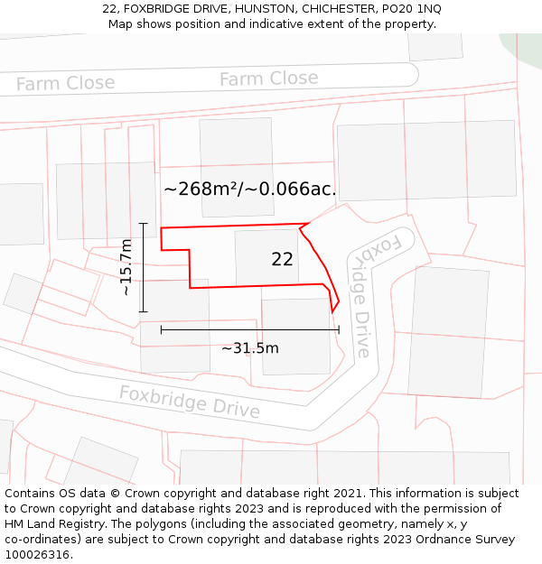 22, FOXBRIDGE DRIVE, HUNSTON, CHICHESTER, PO20 1NQ: Plot and title map