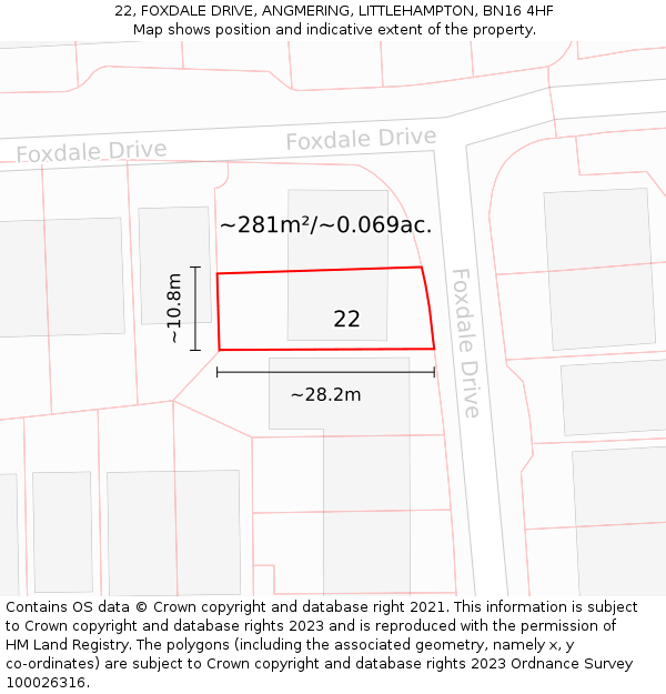 22, FOXDALE DRIVE, ANGMERING, LITTLEHAMPTON, BN16 4HF: Plot and title map