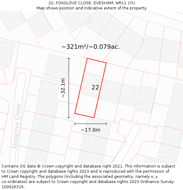 22, FOXGLOVE CLOSE, EVESHAM, WR11 1YU: Plot and title map