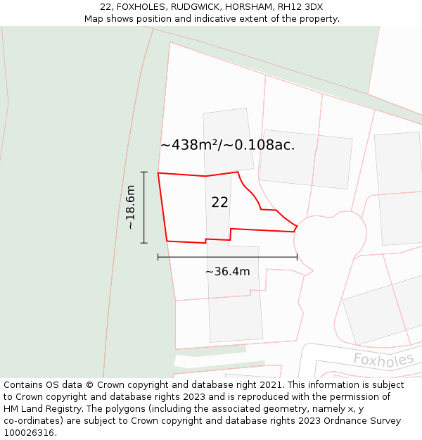 22, FOXHOLES, RUDGWICK, HORSHAM, RH12 3DX: Plot and title map