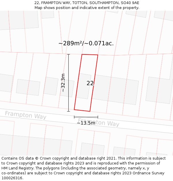 22, FRAMPTON WAY, TOTTON, SOUTHAMPTON, SO40 9AE: Plot and title map