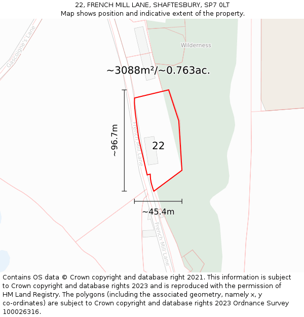 22, FRENCH MILL LANE, SHAFTESBURY, SP7 0LT: Plot and title map