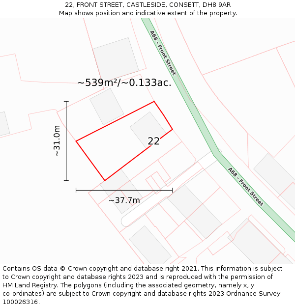 22, FRONT STREET, CASTLESIDE, CONSETT, DH8 9AR: Plot and title map