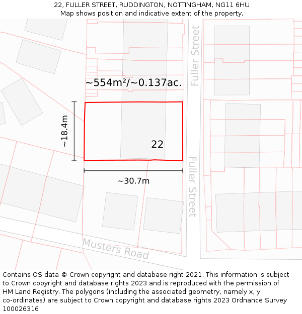 22, FULLER STREET, RUDDINGTON, NOTTINGHAM, NG11 6HU: Plot and title map