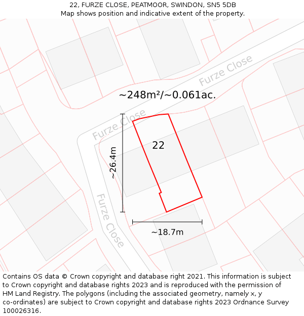 22, FURZE CLOSE, PEATMOOR, SWINDON, SN5 5DB: Plot and title map