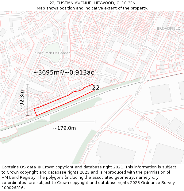 22, FUSTIAN AVENUE, HEYWOOD, OL10 3FN: Plot and title map