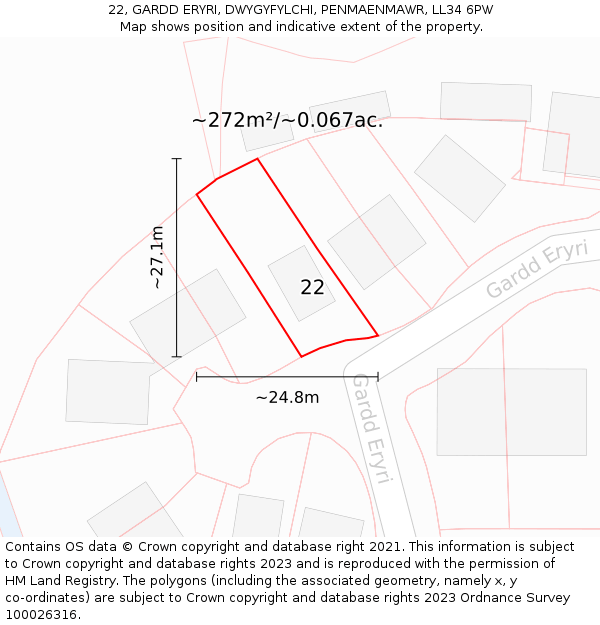 22, GARDD ERYRI, DWYGYFYLCHI, PENMAENMAWR, LL34 6PW: Plot and title map
