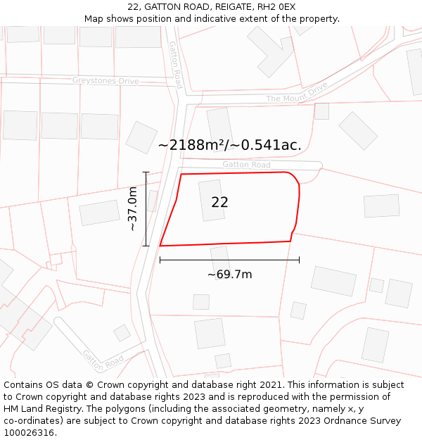 22, GATTON ROAD, REIGATE, RH2 0EX: Plot and title map