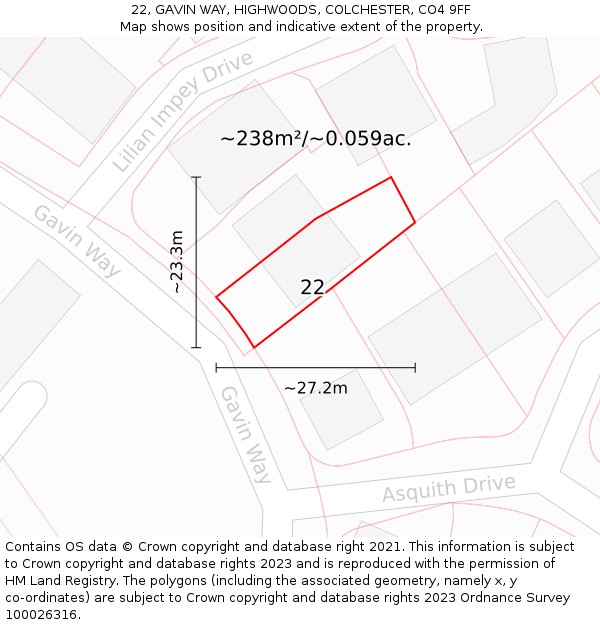 22, GAVIN WAY, HIGHWOODS, COLCHESTER, CO4 9FF: Plot and title map