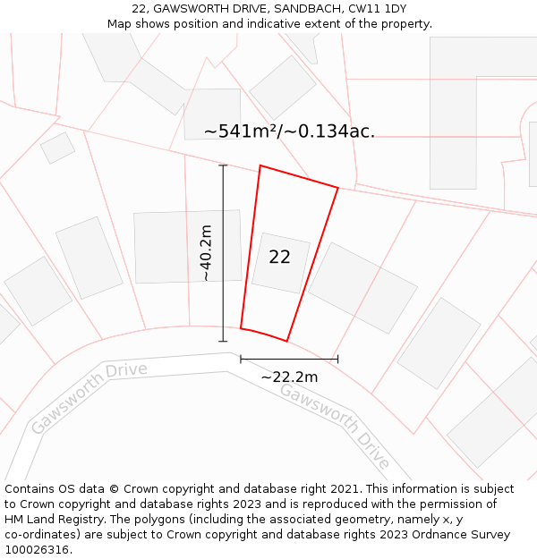 22, GAWSWORTH DRIVE, SANDBACH, CW11 1DY: Plot and title map