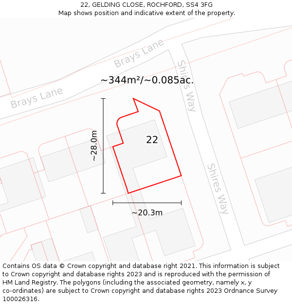 22, GELDING CLOSE, ROCHFORD, SS4 3FG: Plot and title map