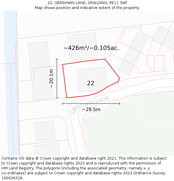 22, GERSHWIN LANE, SPALDING, PE11 3WF: Plot and title map