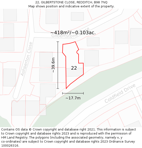 22, GILBERTSTONE CLOSE, REDDITCH, B98 7NQ: Plot and title map