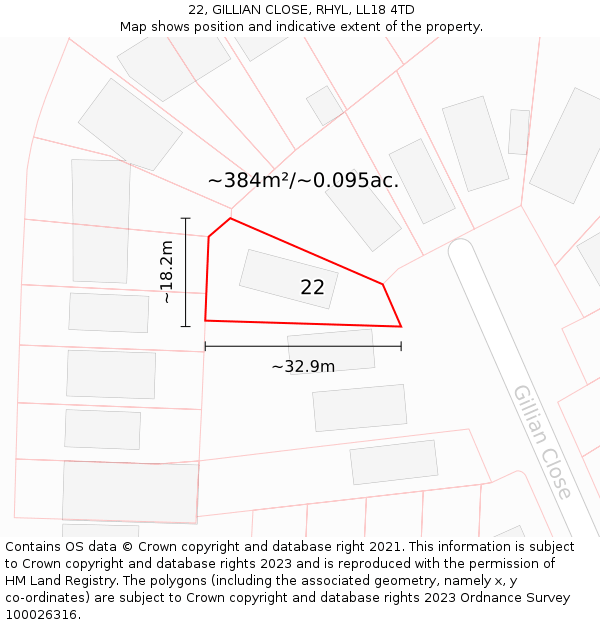 22, GILLIAN CLOSE, RHYL, LL18 4TD: Plot and title map