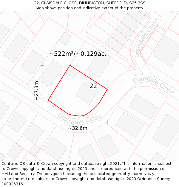 22, GLAISDALE CLOSE, DINNINGTON, SHEFFIELD, S25 3SS: Plot and title map