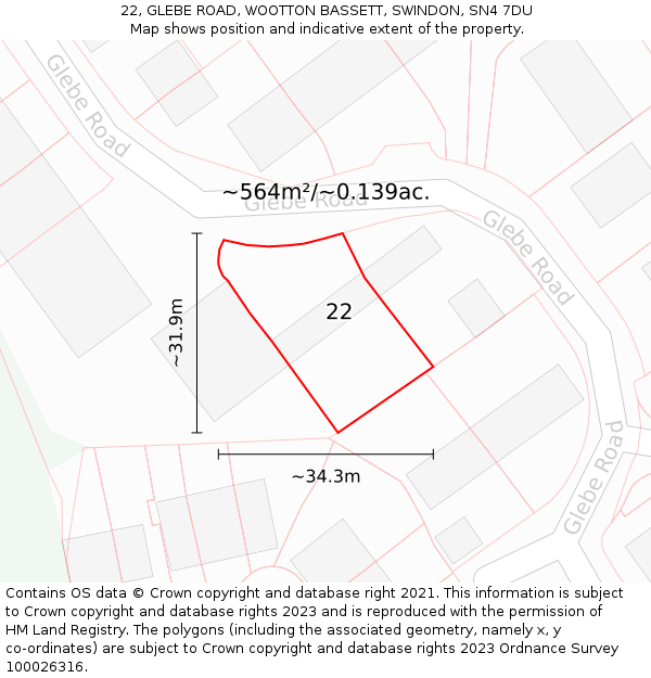 22, GLEBE ROAD, WOOTTON BASSETT, SWINDON, SN4 7DU: Plot and title map