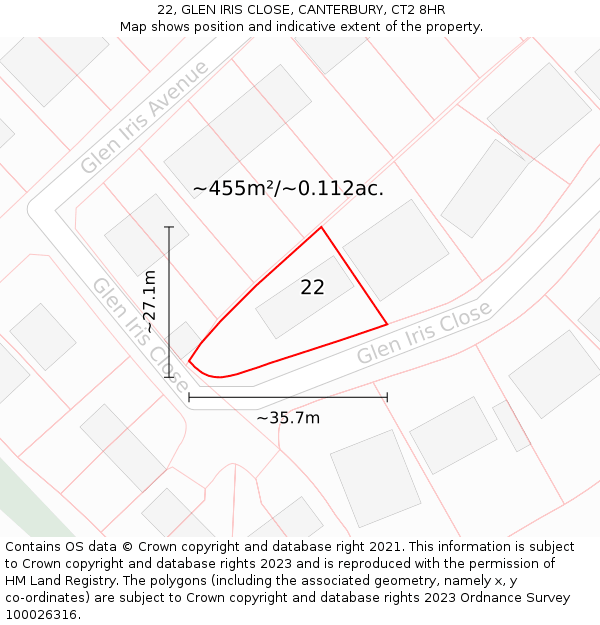 22, GLEN IRIS CLOSE, CANTERBURY, CT2 8HR: Plot and title map