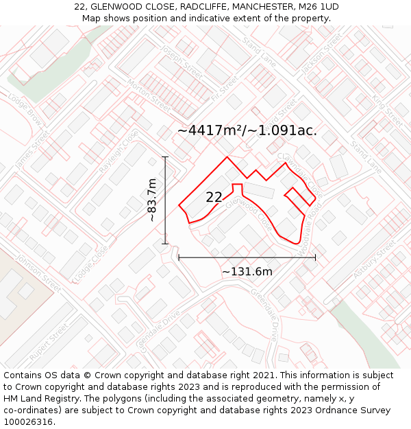 22, GLENWOOD CLOSE, RADCLIFFE, MANCHESTER, M26 1UD: Plot and title map