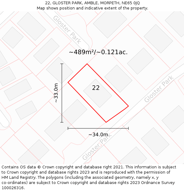 22, GLOSTER PARK, AMBLE, MORPETH, NE65 0JQ: Plot and title map