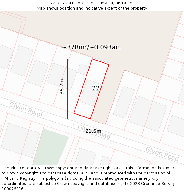 22, GLYNN ROAD, PEACEHAVEN, BN10 8AT: Plot and title map