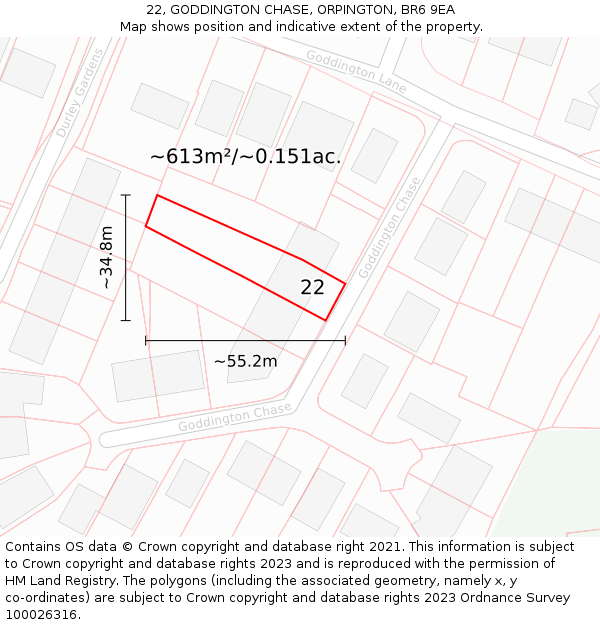 22, GODDINGTON CHASE, ORPINGTON, BR6 9EA: Plot and title map