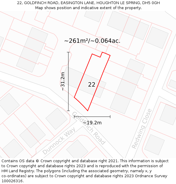 22, GOLDFINCH ROAD, EASINGTON LANE, HOUGHTON LE SPRING, DH5 0GH: Plot and title map
