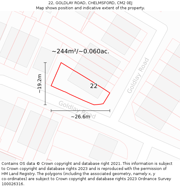 22, GOLDLAY ROAD, CHELMSFORD, CM2 0EJ: Plot and title map