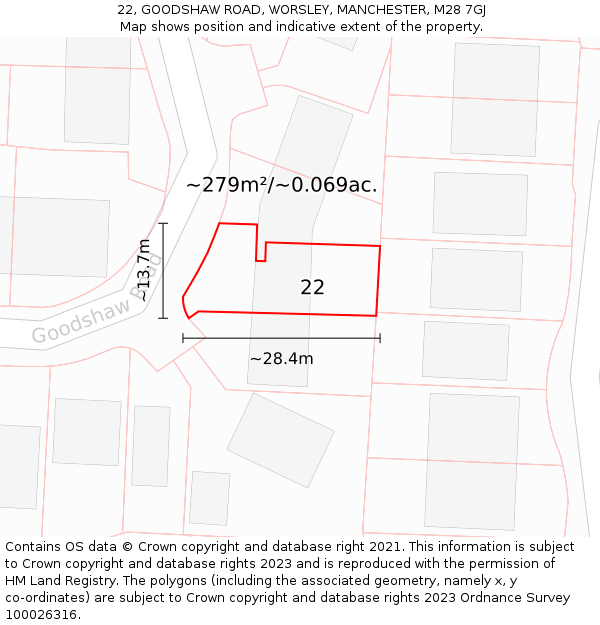 22, GOODSHAW ROAD, WORSLEY, MANCHESTER, M28 7GJ: Plot and title map
