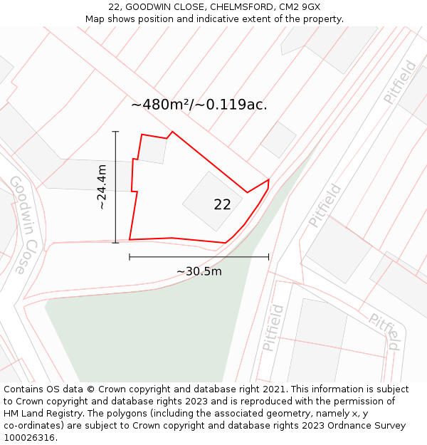 22, GOODWIN CLOSE, CHELMSFORD, CM2 9GX: Plot and title map