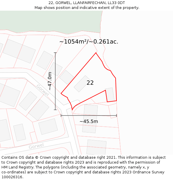 22, GORWEL, LLANFAIRFECHAN, LL33 0DT: Plot and title map