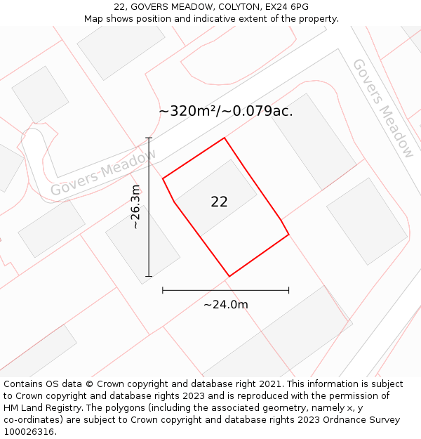 22, GOVERS MEADOW, COLYTON, EX24 6PG: Plot and title map