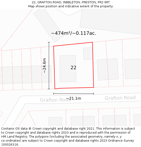 22, GRAFTON ROAD, RIBBLETON, PRESTON, PR2 6RT: Plot and title map