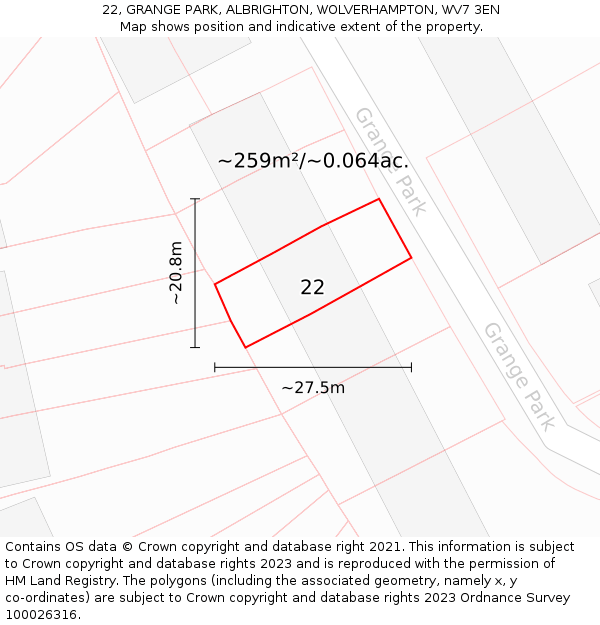 22, GRANGE PARK, ALBRIGHTON, WOLVERHAMPTON, WV7 3EN: Plot and title map