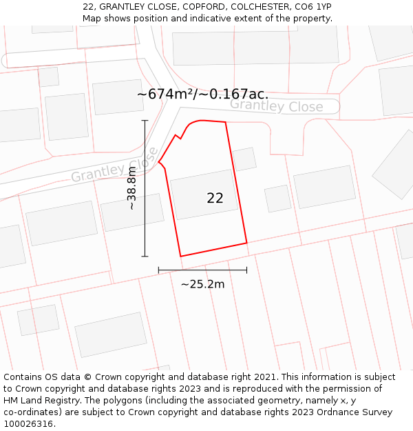 22, GRANTLEY CLOSE, COPFORD, COLCHESTER, CO6 1YP: Plot and title map