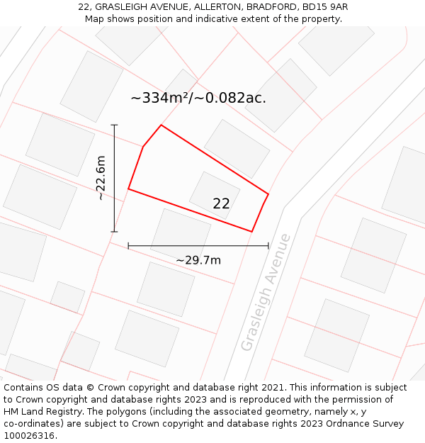 22, GRASLEIGH AVENUE, ALLERTON, BRADFORD, BD15 9AR: Plot and title map